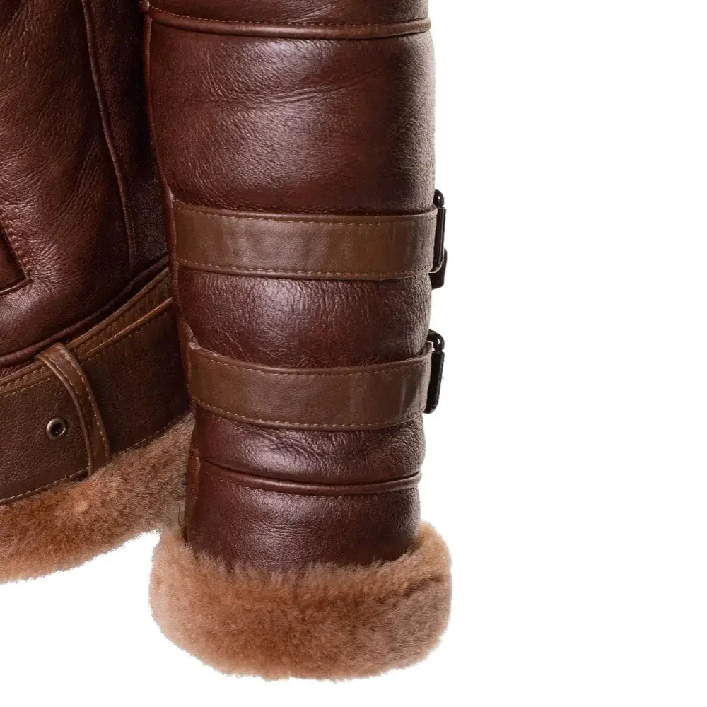Phan's Brown Aviator bomber shearling jacket with a waist belt