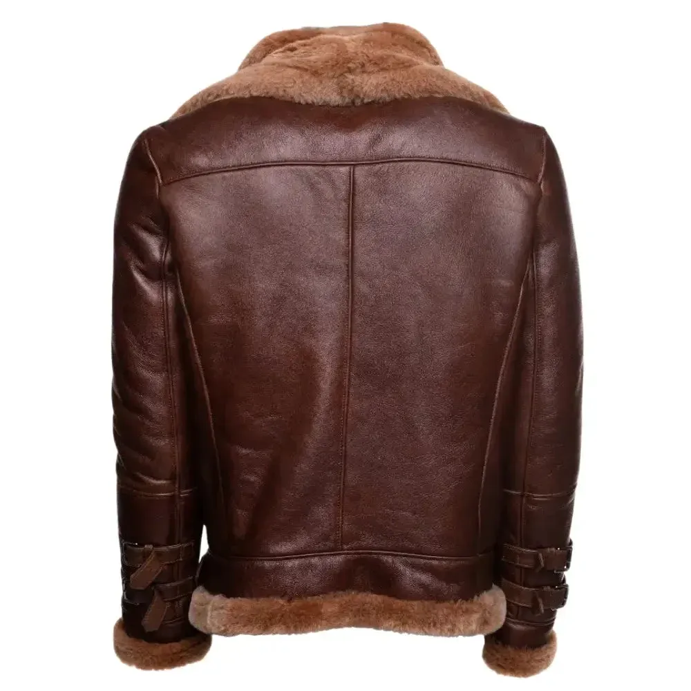 Phan's Brown Aviator bomber shearling jacket with a waist belt