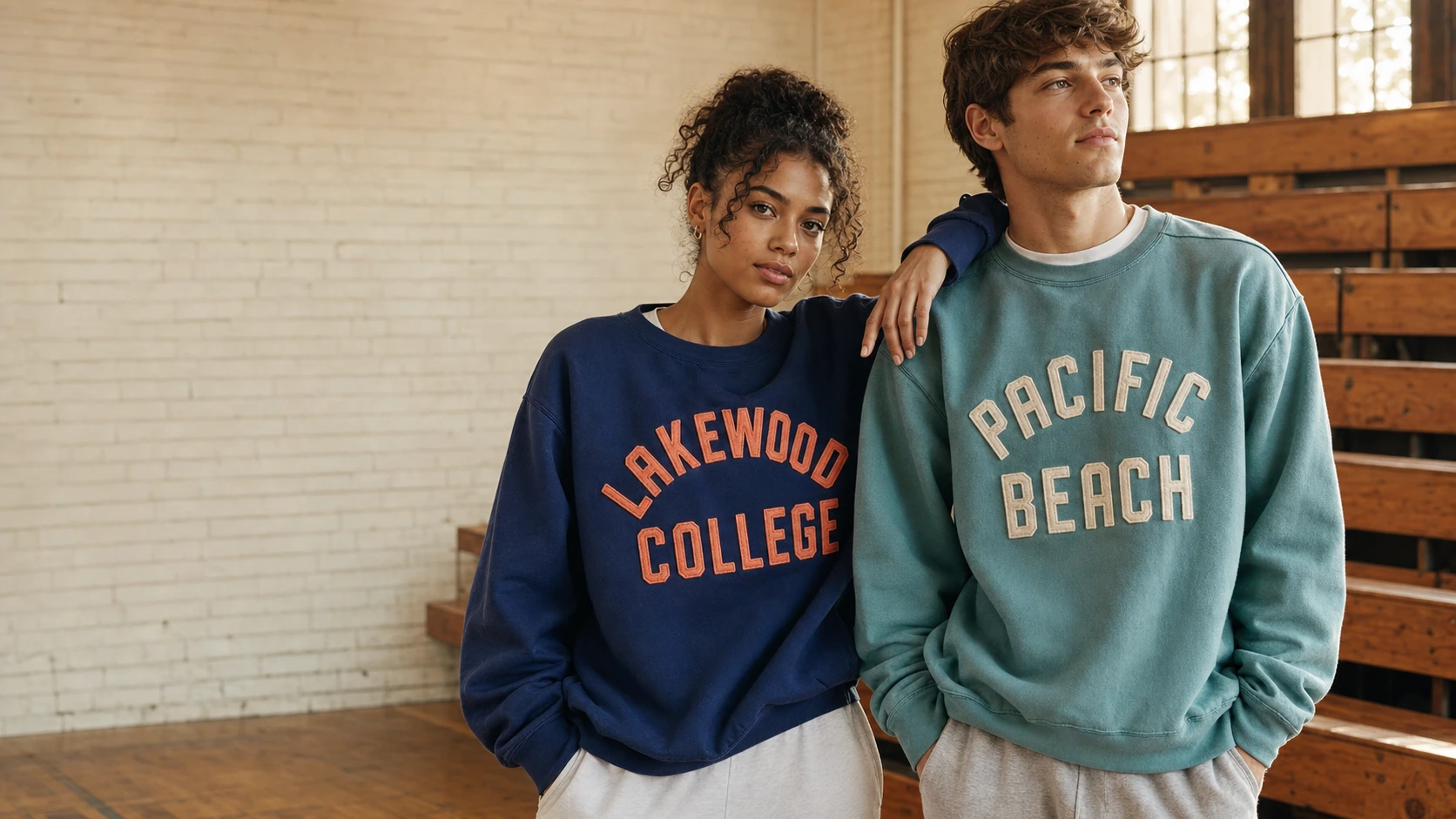 Two people wearing custom retro varsity felt-letter sweatshirts in a vintage college gym