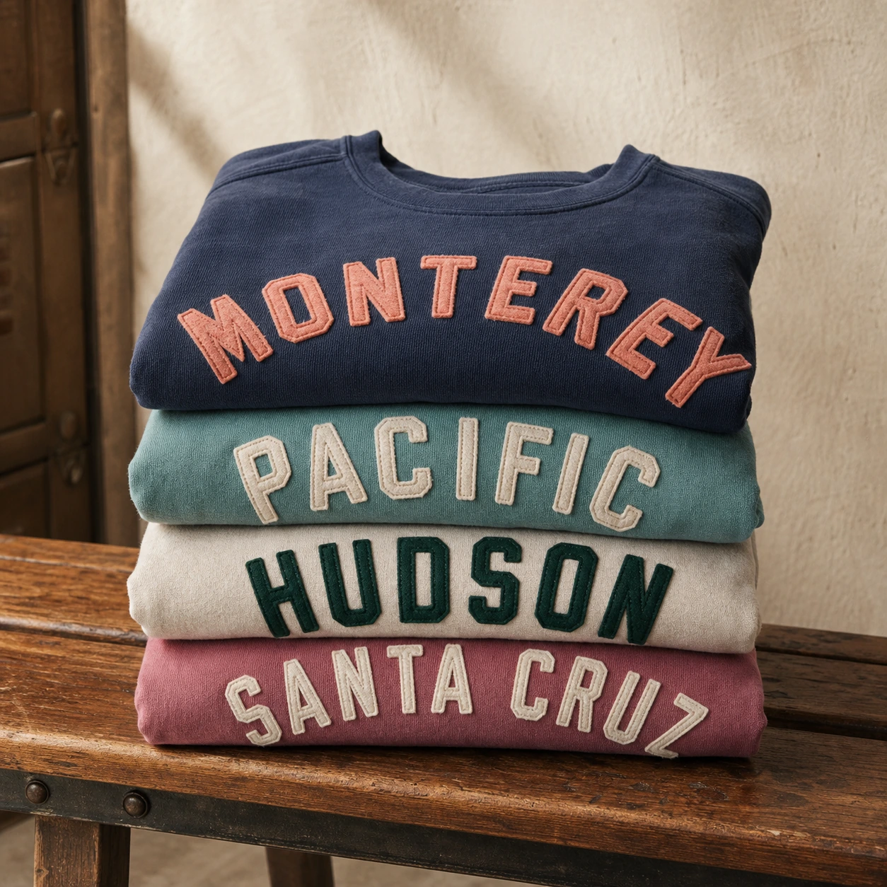 Stack of customizable varsity sweatshirts in coordinated colors