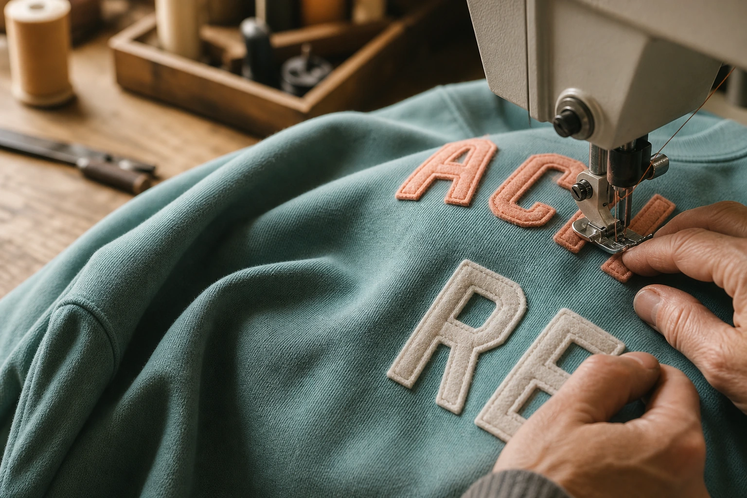Wool felt varsity letters being stitched onto a sweatshirt