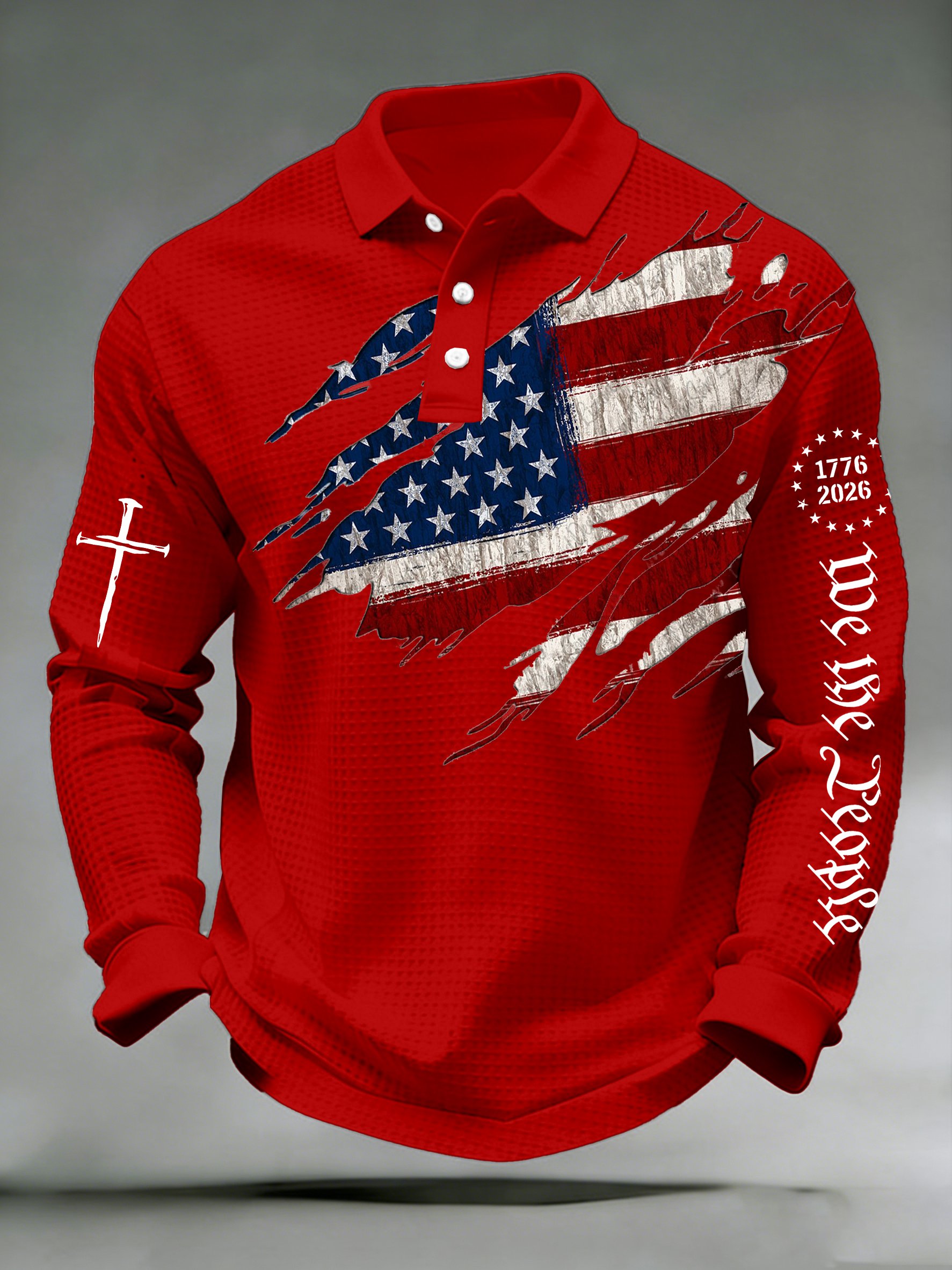 Men's 250th Anniversary National Flag Print Casual Waffle Fabric Polo Shirt
