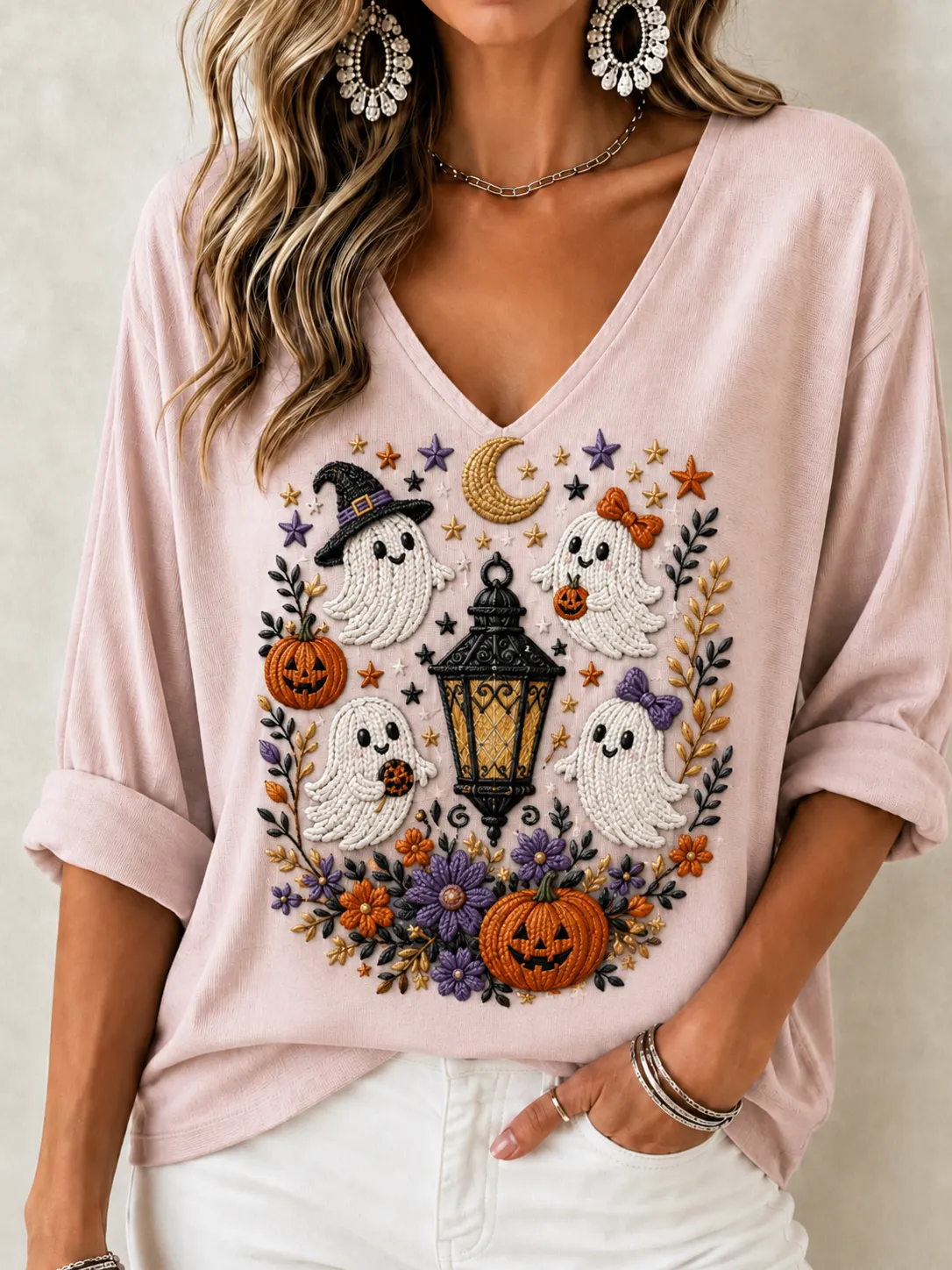 Women's Waffle Knit V Neck Top | 3/4 Sleeve Relaxed Fit [Halloween Theme] Casual Vacation Shirt
