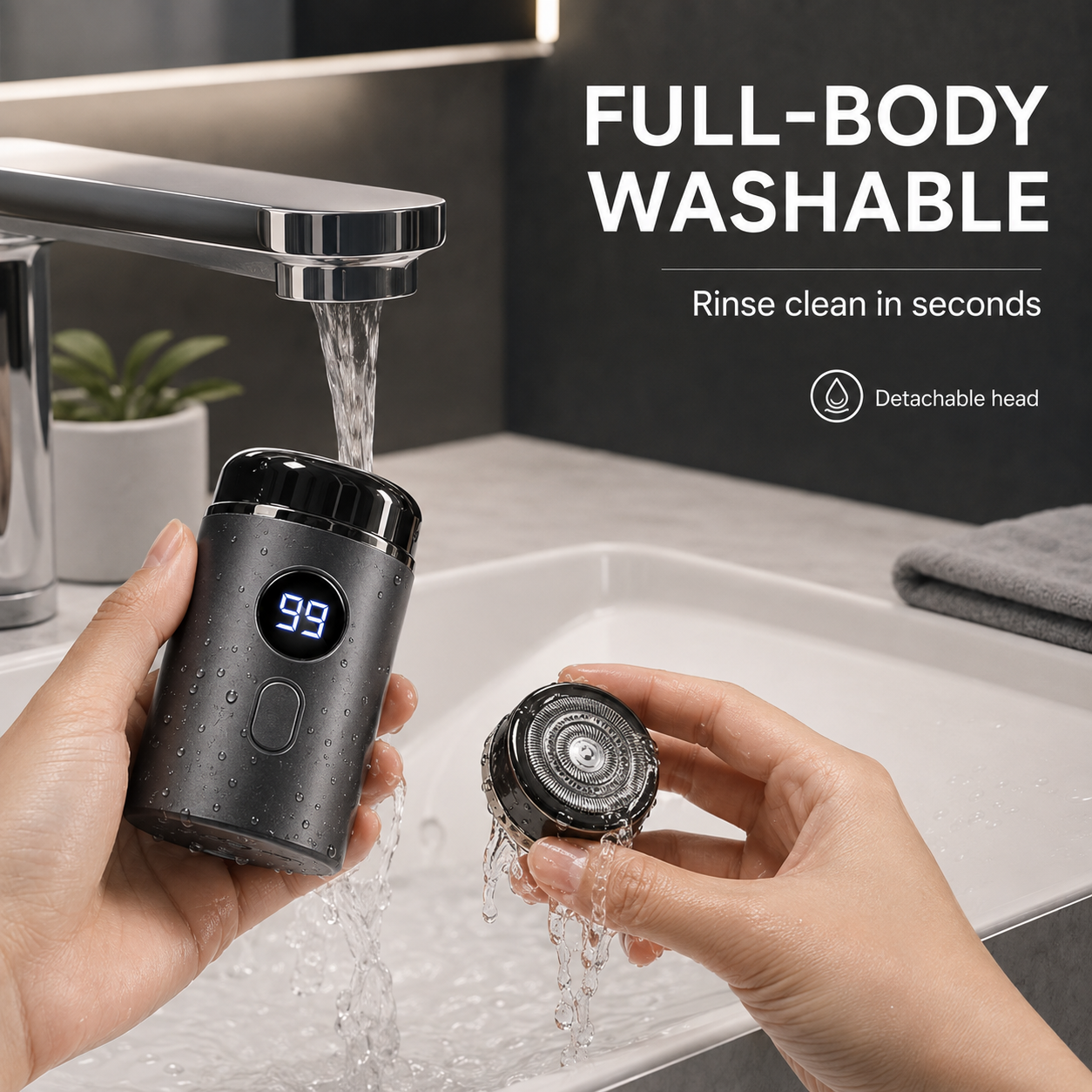 Washable electric shaver being rinsed clean