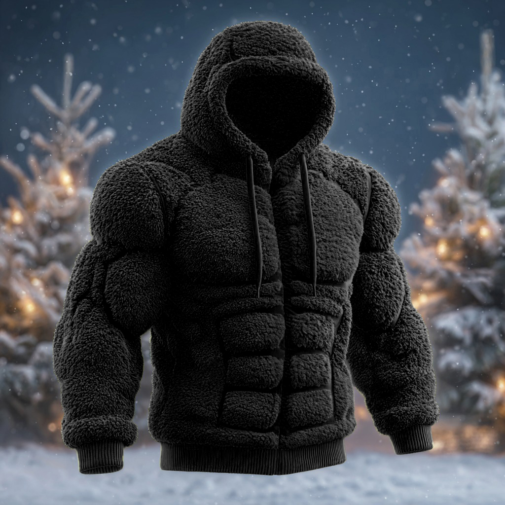 Line Art Flannel Warm Men's Hooded Sweatshirt
