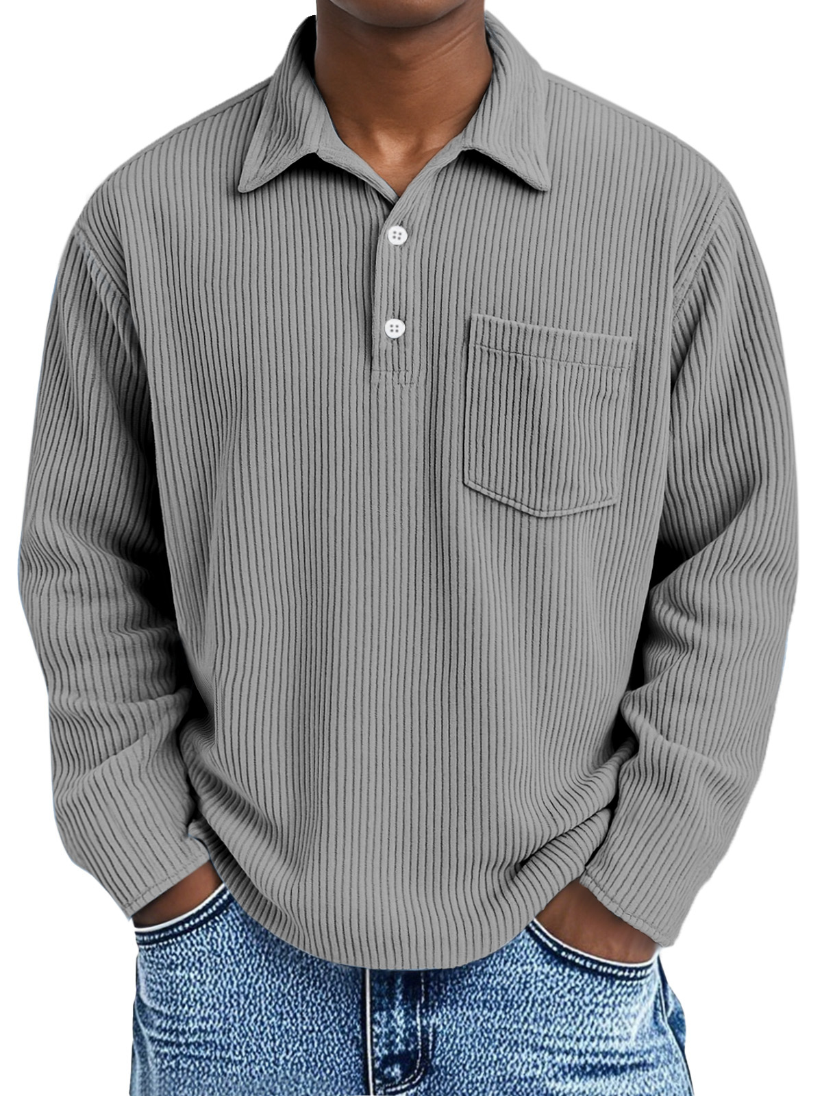 Men's corduroy Simple Solid Color Pit Lapel Button Long Sleeve POLO Shirt