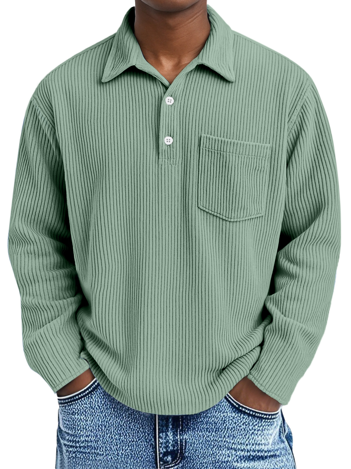 Men's corduroy Simple Solid Color Pit Lapel Button Long Sleeve POLO Shirt