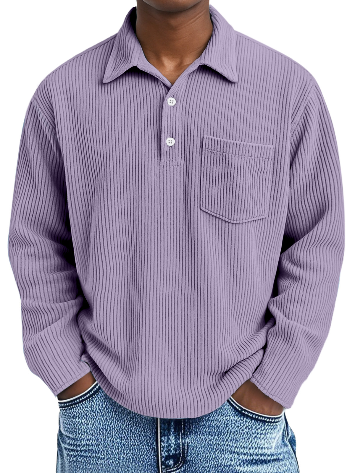 Men's corduroy Simple Solid Color Pit Lapel Button Long Sleeve POLO Shirt