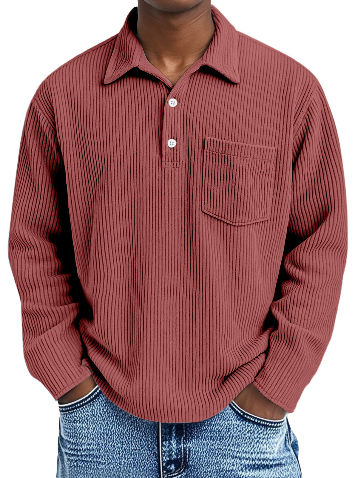 Men's corduroy Simple Solid Color Pit Lapel Button Long Sleeve POLO Shirt