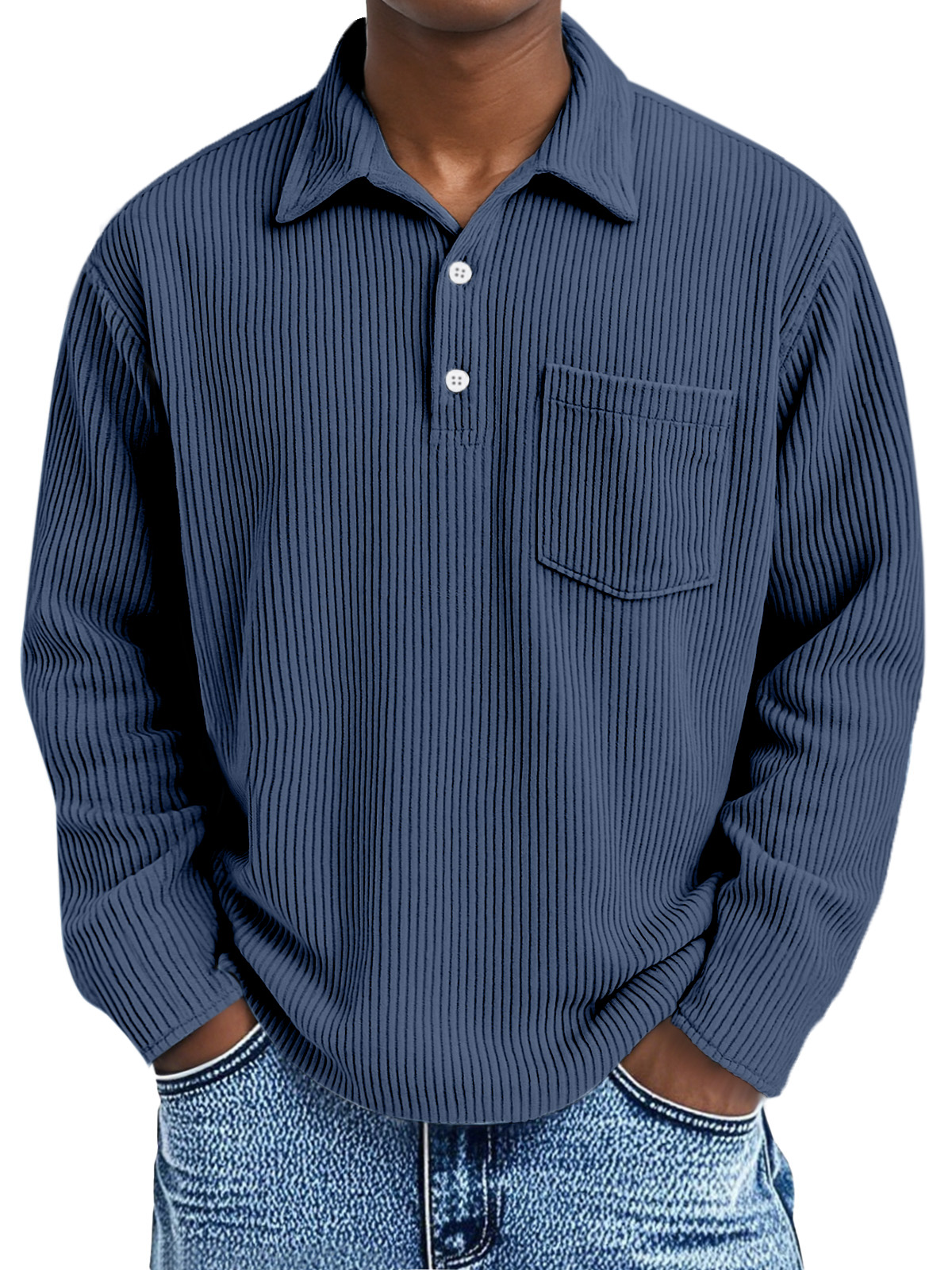 Men's corduroy Simple Solid Color Pit Lapel Button Long Sleeve POLO Shirt
