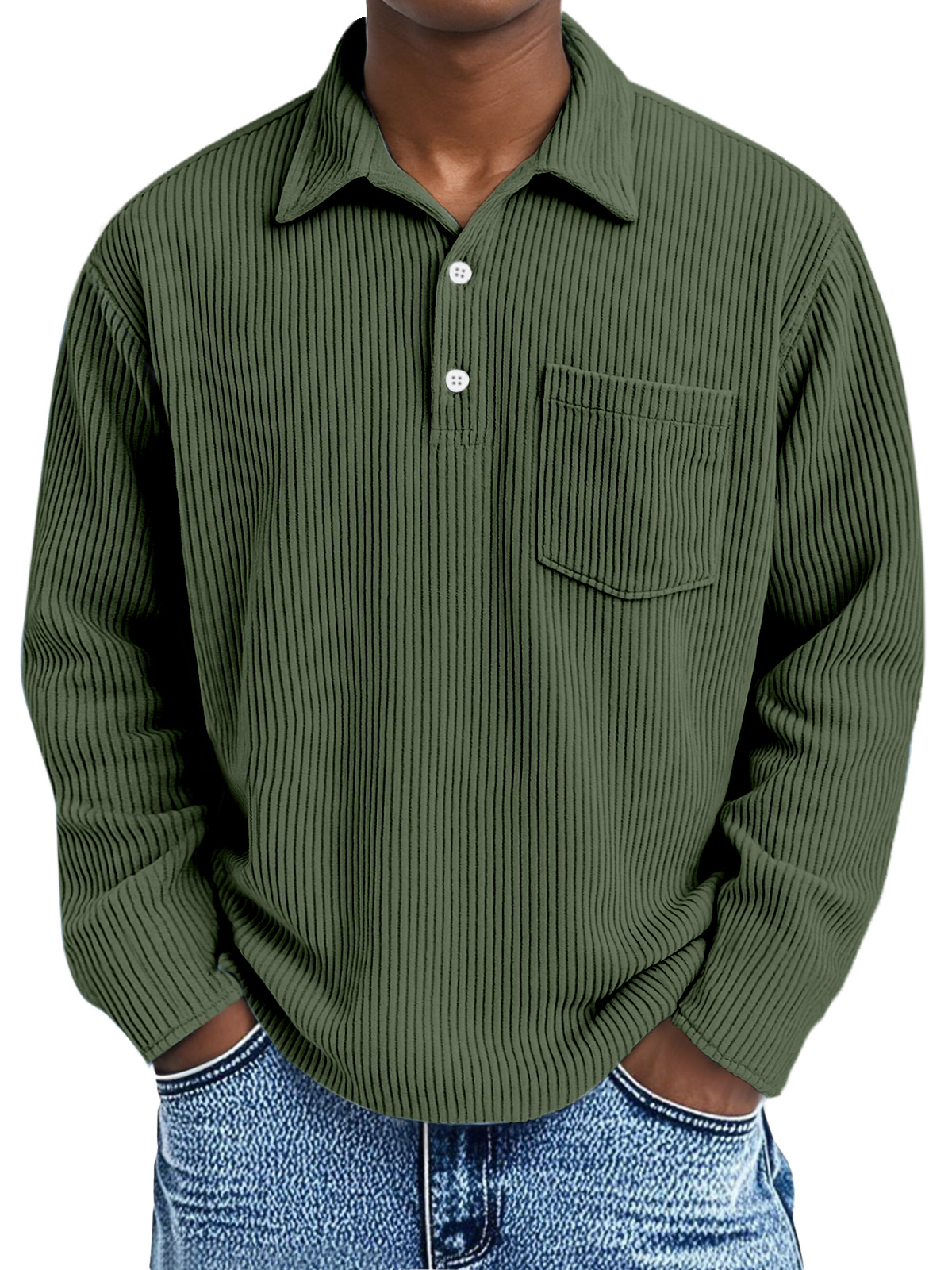 Men's corduroy Simple Solid Color Pit Lapel Button Long Sleeve POLO Shirt