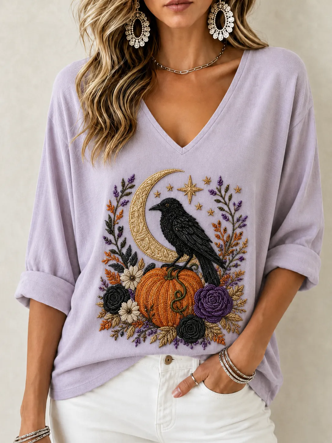 Women's Waffle Knit V Neck Top | 3/4 Sleeve Relaxed Fit [Halloween Theme] Casual Vacation Shirt