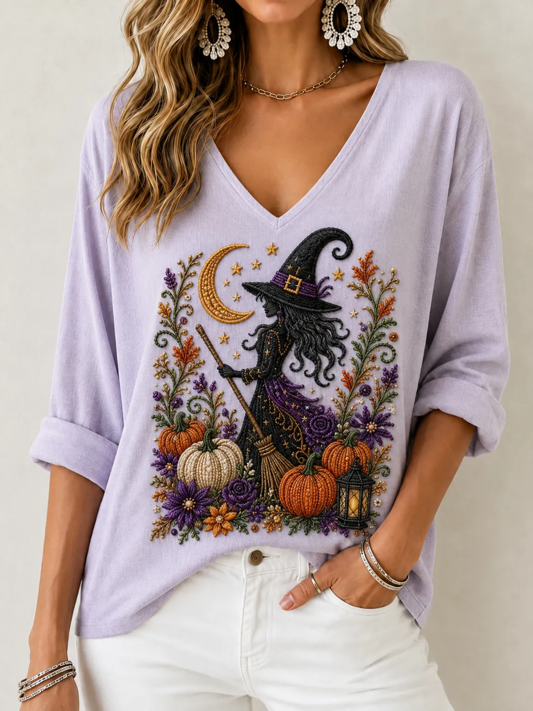 Women's Waffle Knit V Neck Top | 3/4 Sleeve Relaxed Fit [Halloween Theme] Casual Vacation Shirt