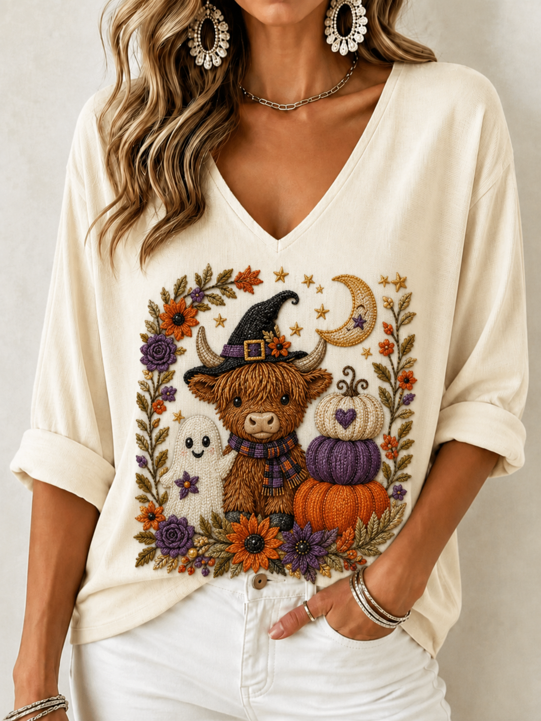 Women's Waffle Knit V Neck Top | 3/4 Sleeve Relaxed Fit [Halloween Theme] Casual Vacation Shirt