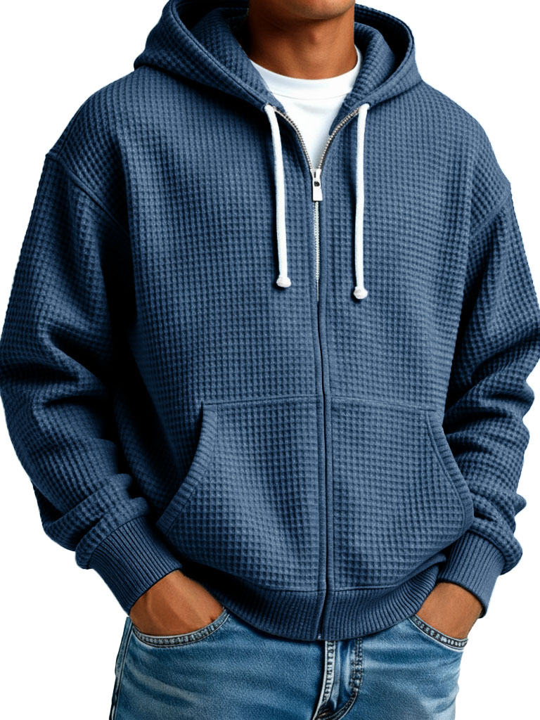  Men's Wear Fashionable Casual Waffle Fabric Zipper Hooded Pockets Loose Coat 