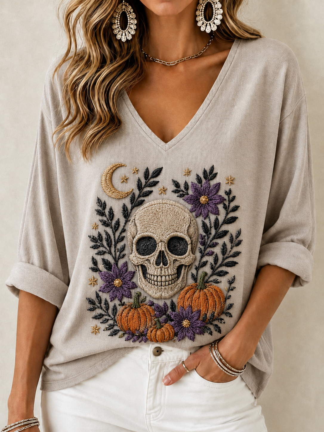 Women's Waffle Knit V Neck Top | 3/4 Sleeve Relaxed Fit [Halloween Theme] Casual Vacation Shirt