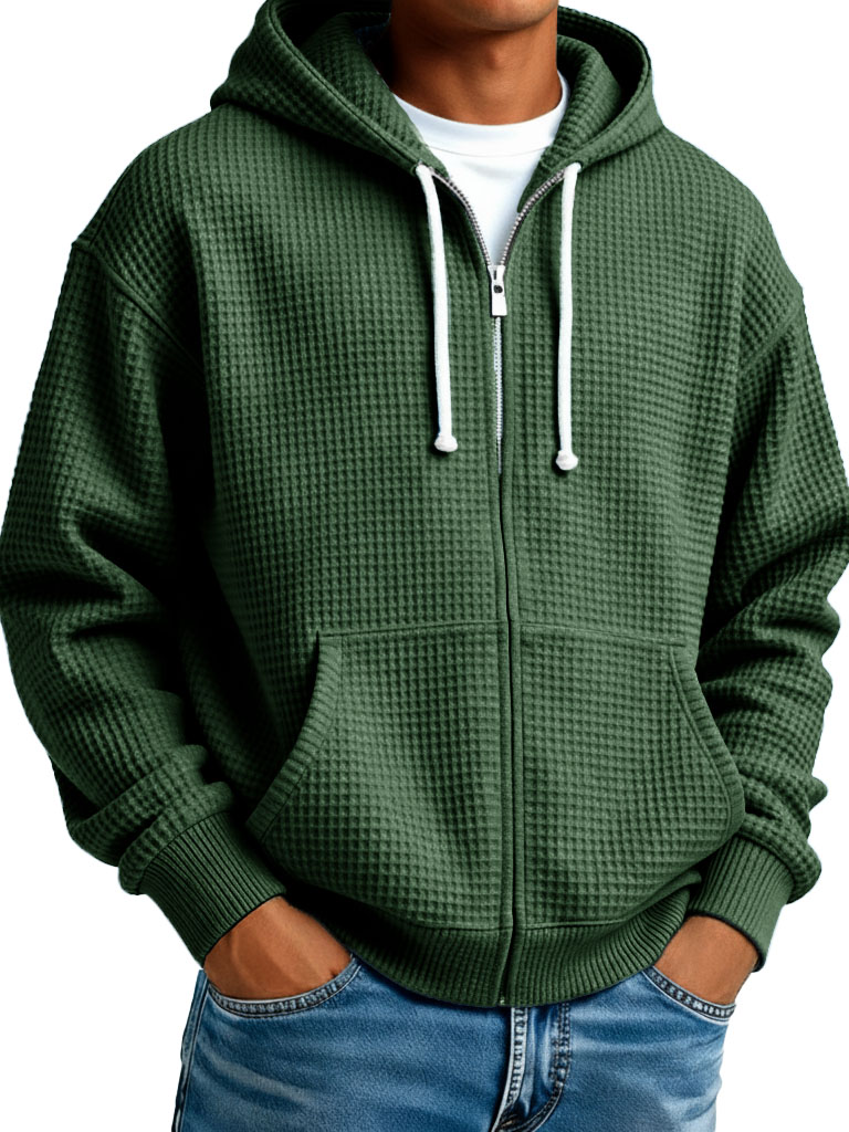  Men's Wear Fashionable Casual Waffle Fabric Zipper Hooded Pockets Loose Coat 