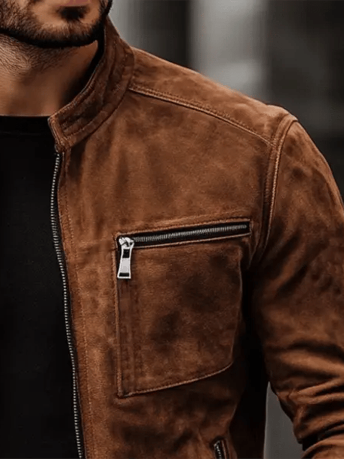 inostorTM-Men's Vintage Suede Zip Pocket Stand Collar Outdoor Jacket