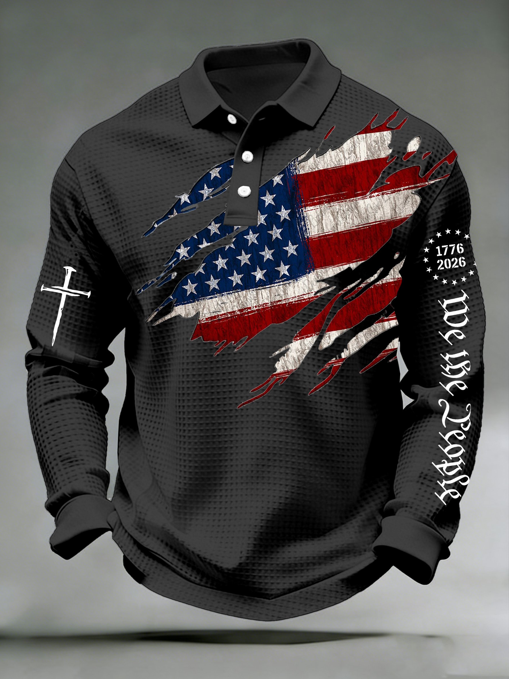Men's 250th Anniversary National Flag Print Casual Waffle Fabric Polo Shirt