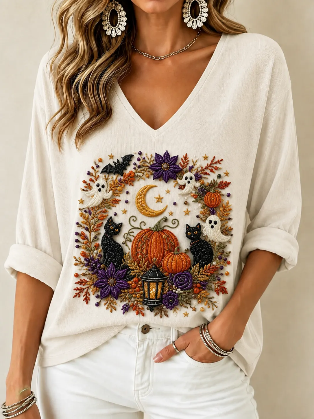 Women's Waffle Knit V Neck Top | 3/4 Sleeve Relaxed Fit [Halloween Theme] Casual Vacation Shirt