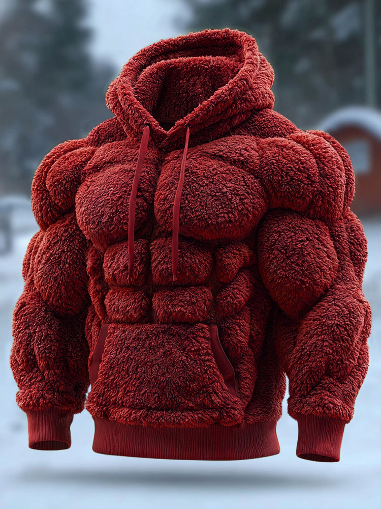 Men's Vintage Muscle Line Art Flannel Warm Cozy Hooded Sweatshirt