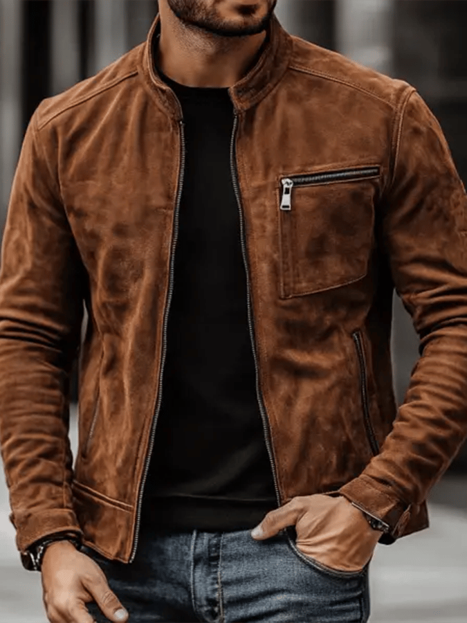 inostorTM-Men's Vintage Suede Zip Pocket Stand Collar Outdoor Jacket