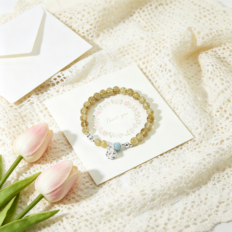 Natural Rutilated Quartz Beaded Stretch Bracelet for Women, Handcrafted Crystal Bracelet with Silver‑Plated Accessories, Jewelry Gift for Her