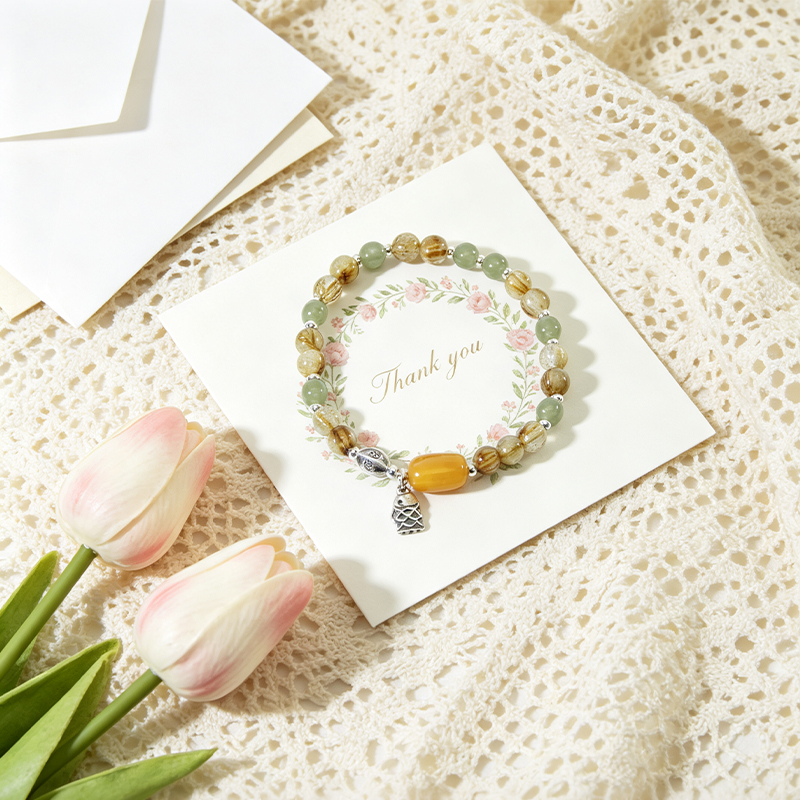 Women Natural Rutilated Quartz Stretch Beaded Bracelet, Handmade Elastic Crystal Bracelet with Multi‑Tone Accent Beads and Silver‑Plated Fish Charm, Fashion Gemstone Jewelry Gift