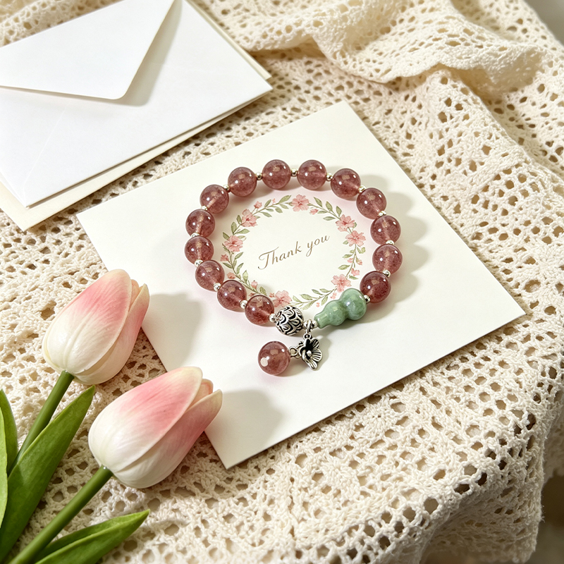 Natural Strawberry Quartz Beaded Stretch Bracelet for Women, Handcrafted Crystal Bracelet with Green Gourd‑Shaped Accent Bead , Jewelry Gift for Her