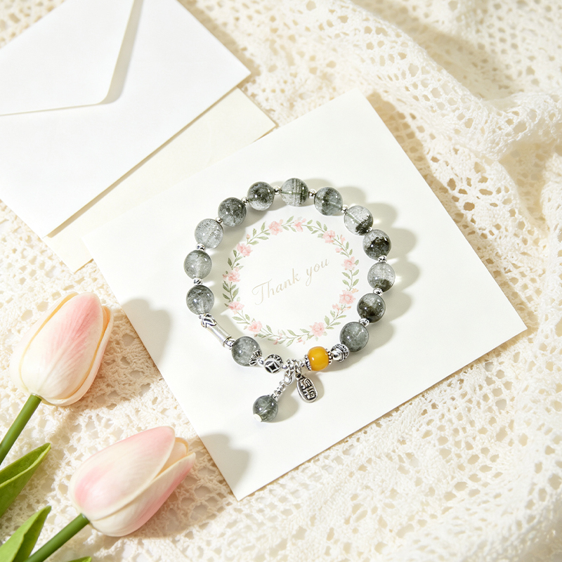 Natural Green Phantom Quartz Beaded Stretch Bracelet for Women, Handcrafted Crystal Bracelet with Yellow Accent Bead & Silver‑Plated Charms, Jewelry Gift for Her