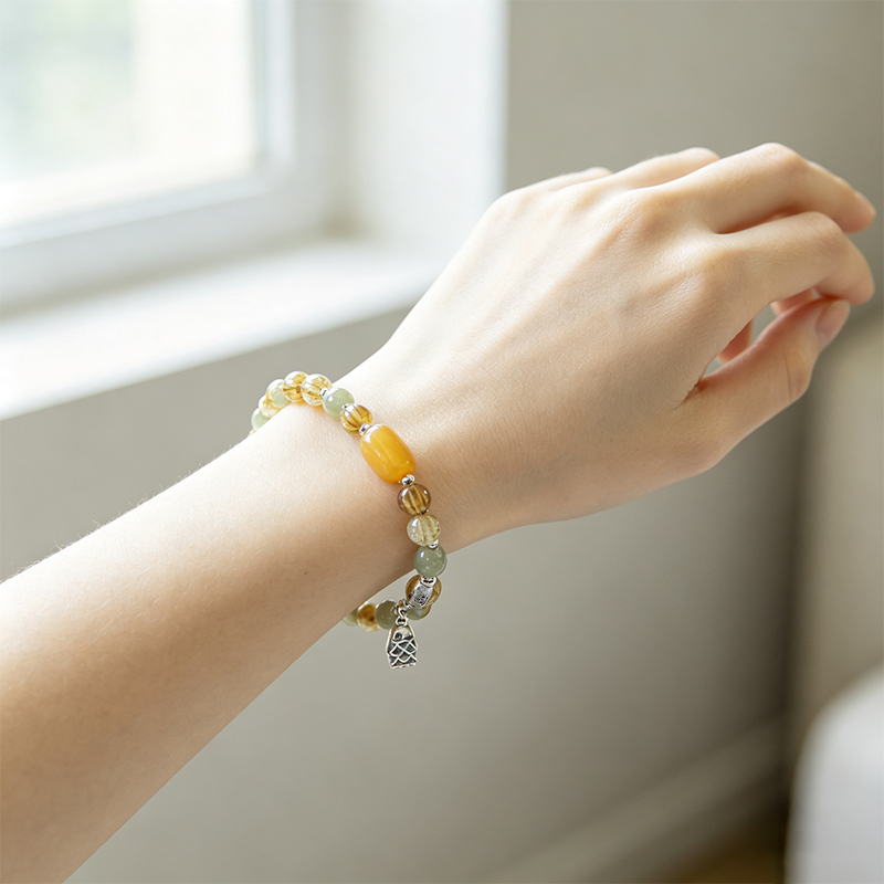Women Natural Rutilated Quartz Stretch Beaded Bracelet, Handmade Elastic Crystal Bracelet with Multi‑Tone Accent Beads and Silver‑Plated Fish Charm, Fashion Gemstone Jewelry Gift