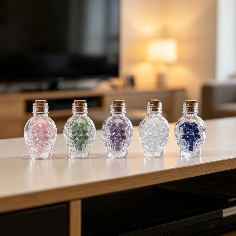 5‑Pack Skull‑Design Gemstone Figurine Ornament, Pre‑Filled Mini Glass Bottle with Assorted Natural Crystal Chips, Cork Stopper, Spiritual Desktop Shelf Collectible Gift Set