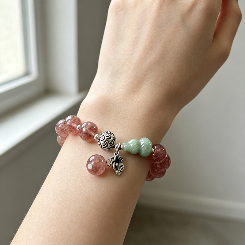 Natural Strawberry Quartz Beaded Stretch Bracelet for Women, Handcrafted Crystal Bracelet with Green Gourd‑Shaped Accent Bead , Jewelry Gift for Her