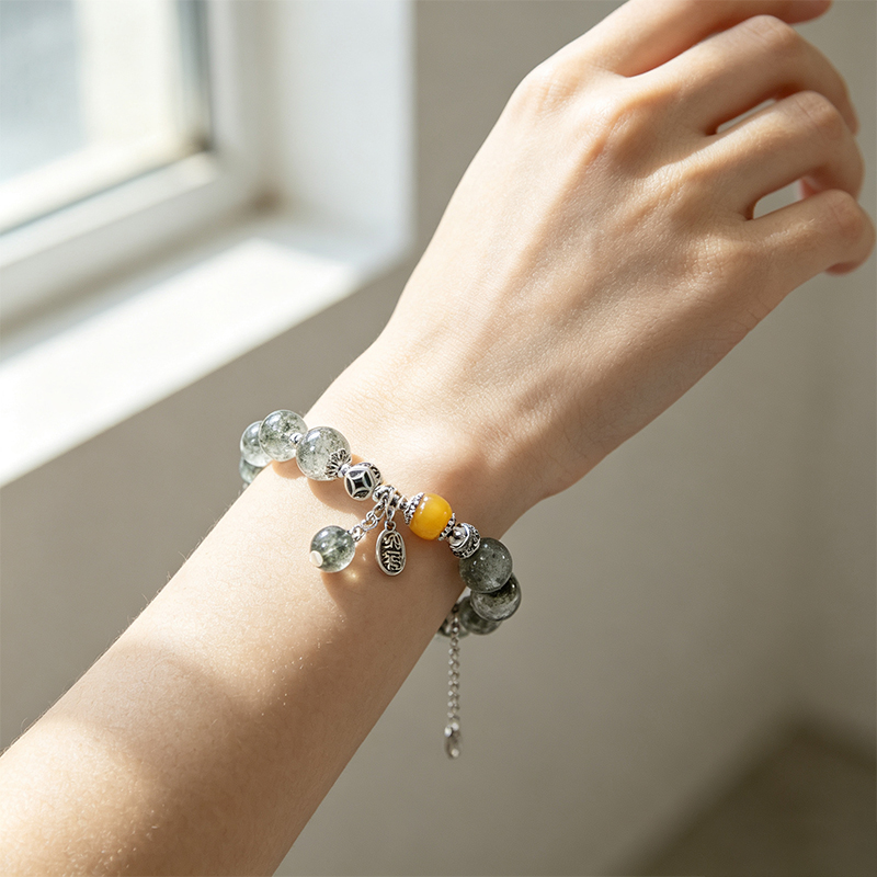 Natural Green Phantom Quartz Beaded Stretch Bracelet for Women, Handcrafted Crystal Bracelet with Yellow Accent Bead & Silver‑Plated Charms, Jewelry Gift for Her