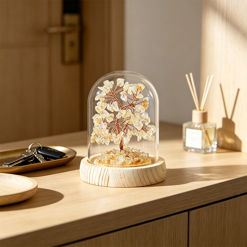 Handmade Citrine Crystal Tree in Glass Dome, Natural Gemstone Bonsai Tree with Wood Base, Reiki Spiritual Crystal Decor for Desk Shelf, Unique Gift