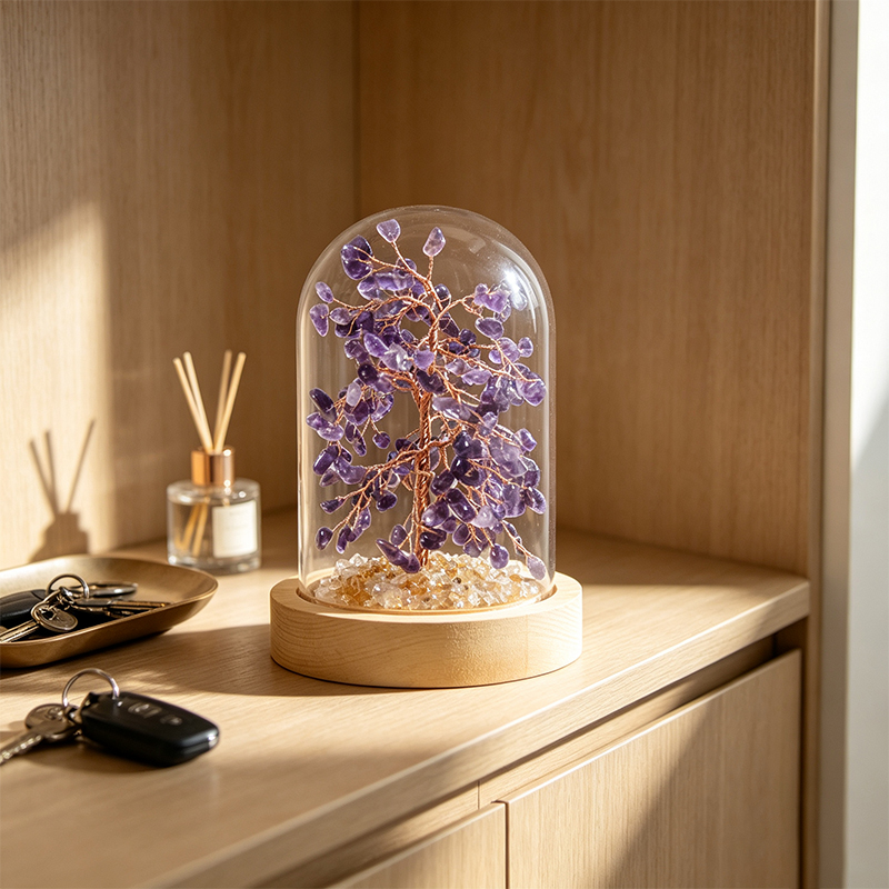 Hand‑Made Amethyst Crystal Tree in Glass Dome with Wooden Base, Natural Chip Gemstone Tree Figurine, Mini Home Desk Shelf Decor Ornament, Ideal Gift for Crystal Lovers