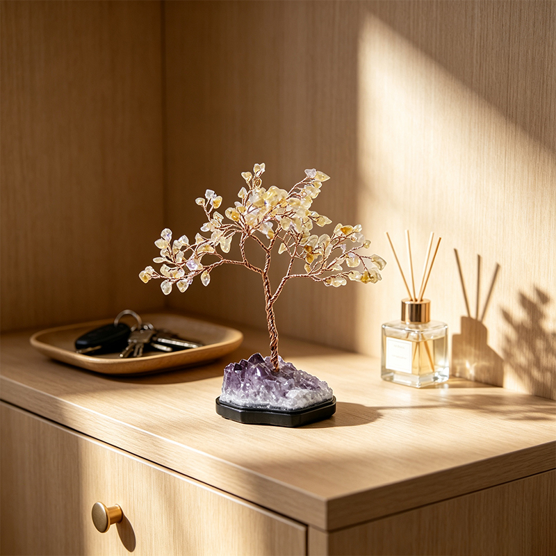 Hand‑Made Citrine Chip Gemstone Tree with Natural Amethyst Cluster Base, Copper Wire Crystal Tree Figurine, Mini Home Desk Decor Ornament, Gift for Crystal Lovers