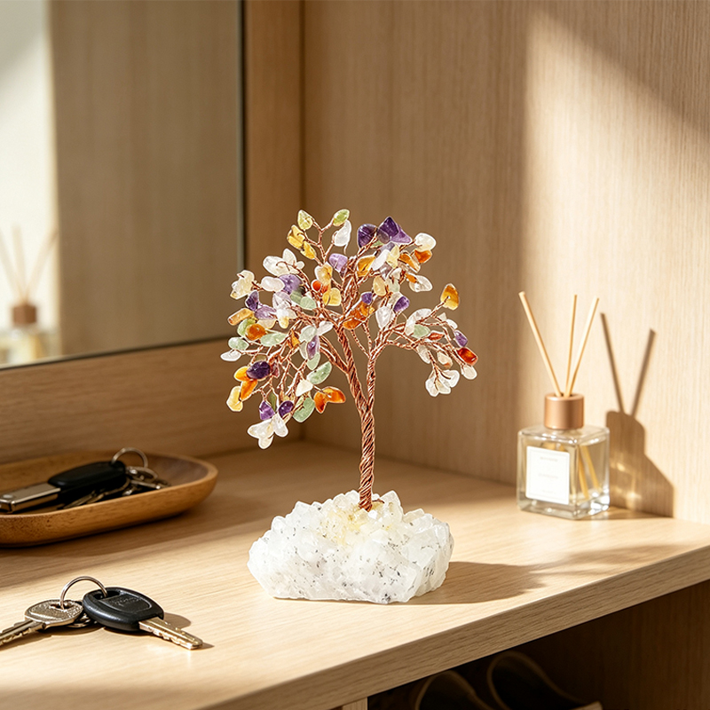 Hand‑Mixed Natural Gemstone Chip Tree with Raw Clear Quartz Cluster Base, Copper Wire Handcrafted Crystal Tree Figurine, Tabletop Home Decor Ornament, Gift for Crystal Lovers