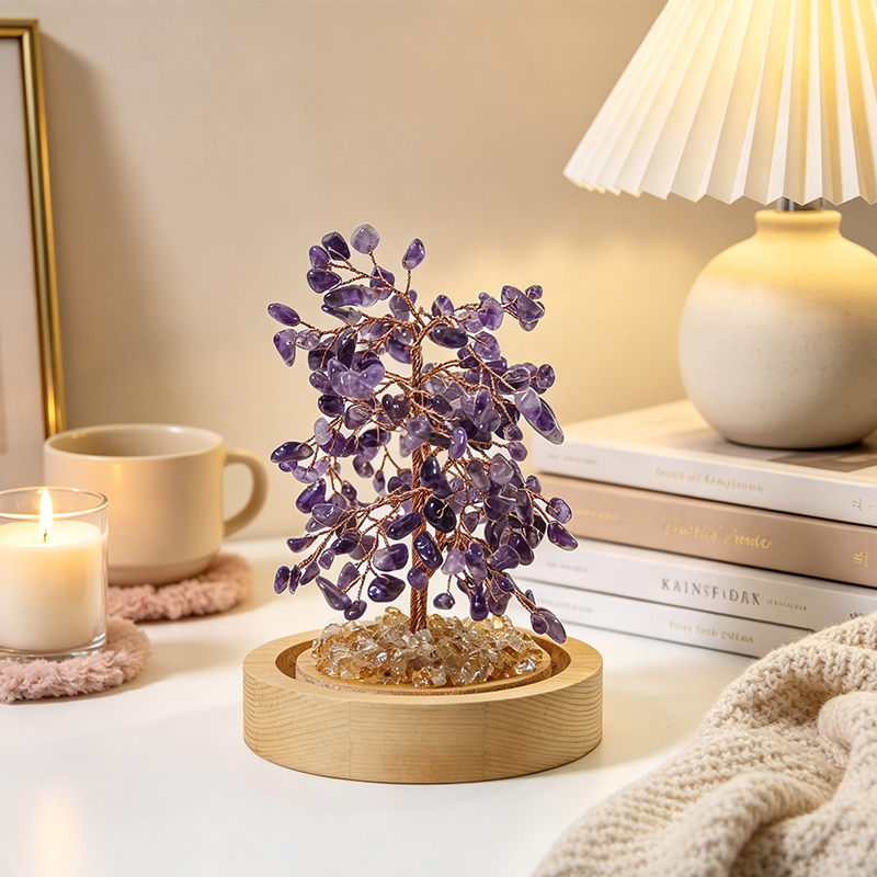 Hand‑Made Amethyst Crystal Tree in Glass Dome with Wooden Base, Natural Chip Gemstone Tree Figurine, Mini Home Desk Shelf Decor Ornament, Ideal Gift for Crystal Lovers