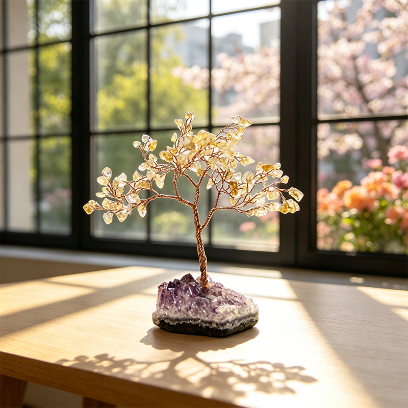 Hand‑Made Citrine Chip Gemstone Tree with Natural Amethyst Cluster Base, Copper Wire Crystal Tree Figurine, Mini Home Desk Decor Ornament, Gift for Crystal Lovers