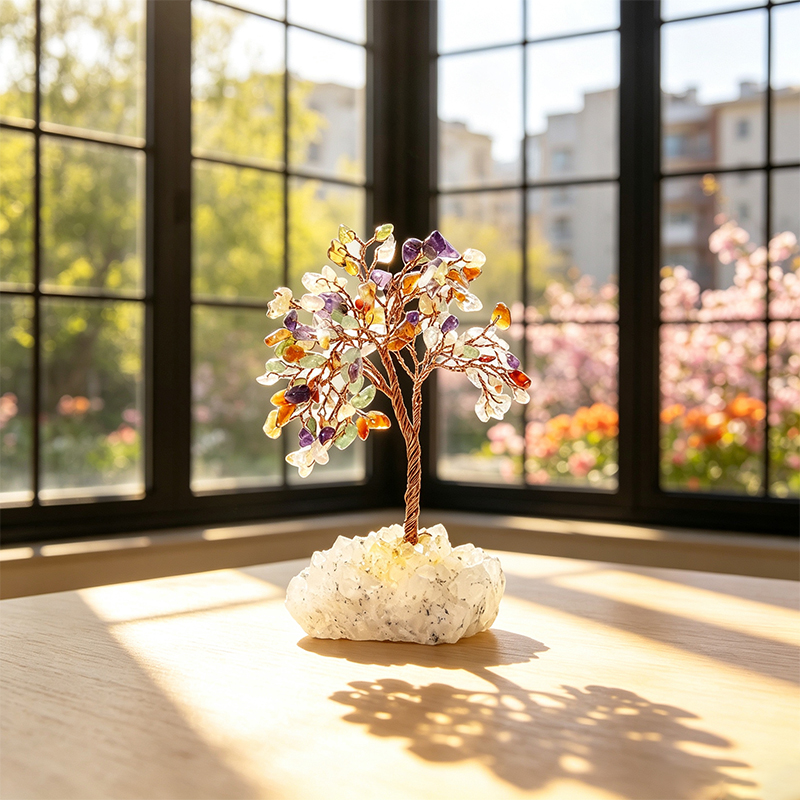 Hand‑Mixed Natural Gemstone Chip Tree with Raw Clear Quartz Cluster Base, Copper Wire Handcrafted Crystal Tree Figurine, Tabletop Home Decor Ornament, Gift for Crystal Lovers