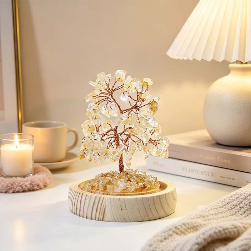 Handmade Citrine Crystal Tree in Glass Dome, Natural Gemstone Bonsai Tree with Wood Base, Reiki Spiritual Crystal Decor for Desk Shelf, Unique Gift