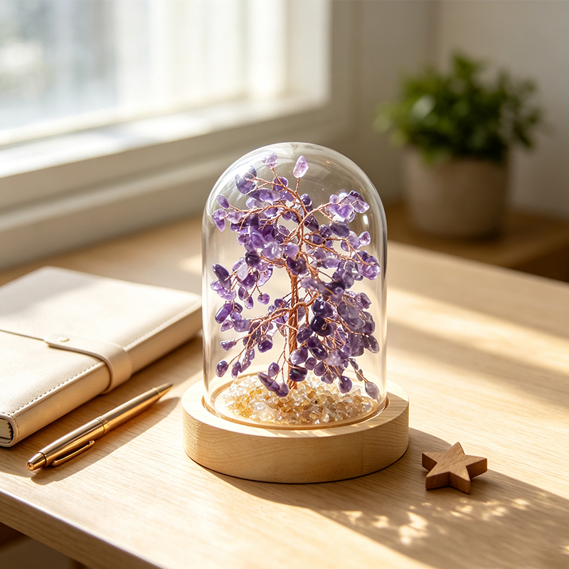 Hand‑Made Amethyst Crystal Tree in Glass Dome with Wooden Base, Natural Chip Gemstone Tree Figurine, Mini Home Desk Shelf Decor Ornament, Ideal Gift for Crystal Lovers