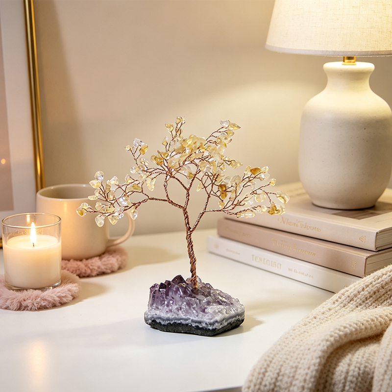 Hand‑Made Citrine Chip Gemstone Tree with Natural Amethyst Cluster Base, Copper Wire Crystal Tree Figurine, Mini Home Desk Decor Ornament, Gift for Crystal Lovers