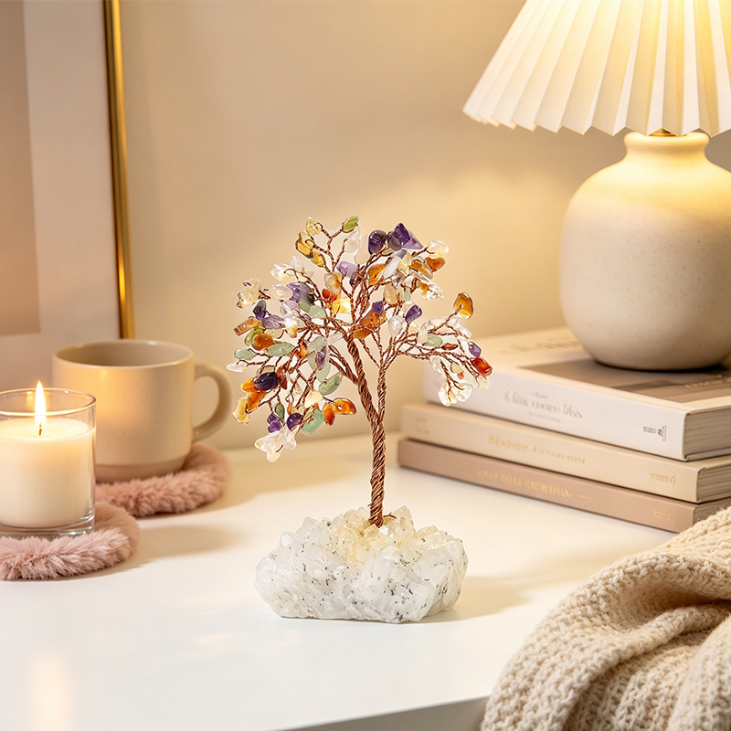 Hand‑Mixed Natural Gemstone Chip Tree with Raw Clear Quartz Cluster Base, Copper Wire Handcrafted Crystal Tree Figurine, Tabletop Home Decor Ornament, Gift for Crystal Lovers