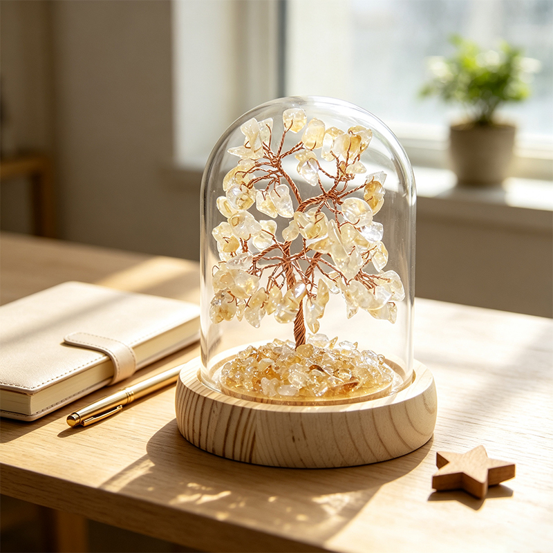 Handmade Citrine Crystal Tree in Glass Dome, Natural Gemstone Bonsai Tree with Wood Base, Reiki Spiritual Crystal Decor for Desk Shelf, Unique Gift