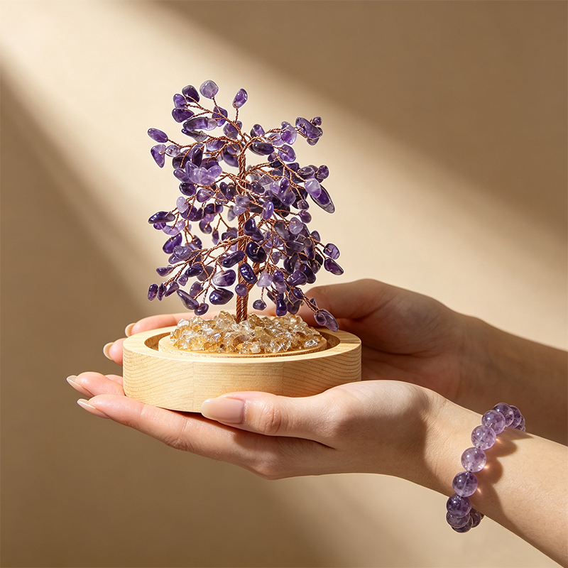 Hand‑Made Amethyst Crystal Tree in Glass Dome with Wooden Base, Natural Chip Gemstone Tree Figurine, Mini Home Desk Shelf Decor Ornament, Ideal Gift for Crystal Lovers