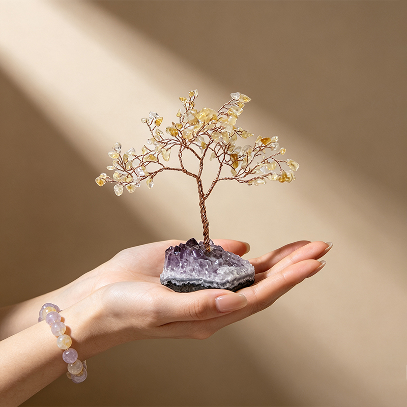 Hand‑Made Citrine Chip Gemstone Tree with Natural Amethyst Cluster Base, Copper Wire Crystal Tree Figurine, Mini Home Desk Decor Ornament, Gift for Crystal Lovers