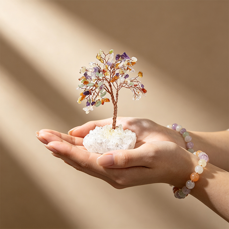 Hand‑Mixed Natural Gemstone Chip Tree with Raw Clear Quartz Cluster Base, Copper Wire Handcrafted Crystal Tree Figurine, Tabletop Home Decor Ornament, Gift for Crystal Lovers