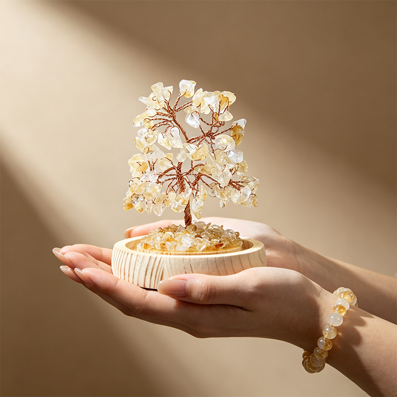 Handmade Citrine Crystal Tree in Glass Dome, Natural Gemstone Bonsai Tree with Wood Base, Reiki Spiritual Crystal Decor for Desk Shelf, Unique Gift